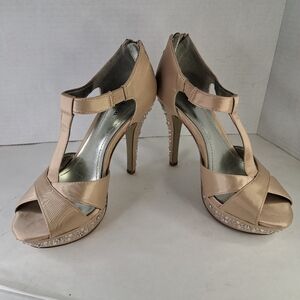 STYLE & Co. Tan Sparkly T-Strap Special Occasion Heels Women's Size 5